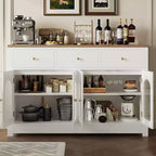 Buffet moderne blanc de 55 pouces avec portes vitrées et rangement, Table d'entrée en bois robuste, Meuble idéal pour l'organisation de la cuisine et station à café