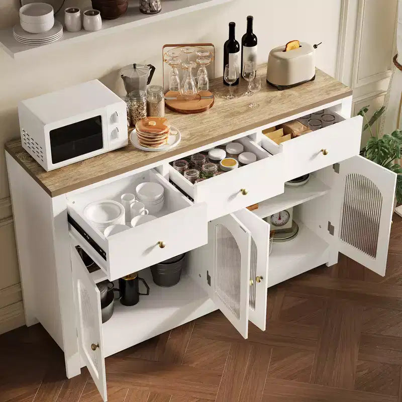 Buffet moderne blanc de 55 pouces avec portes vitrées et rangement, Table d'entrée en bois robuste, Meuble idéal pour l'organisation de la cuisine et station à café