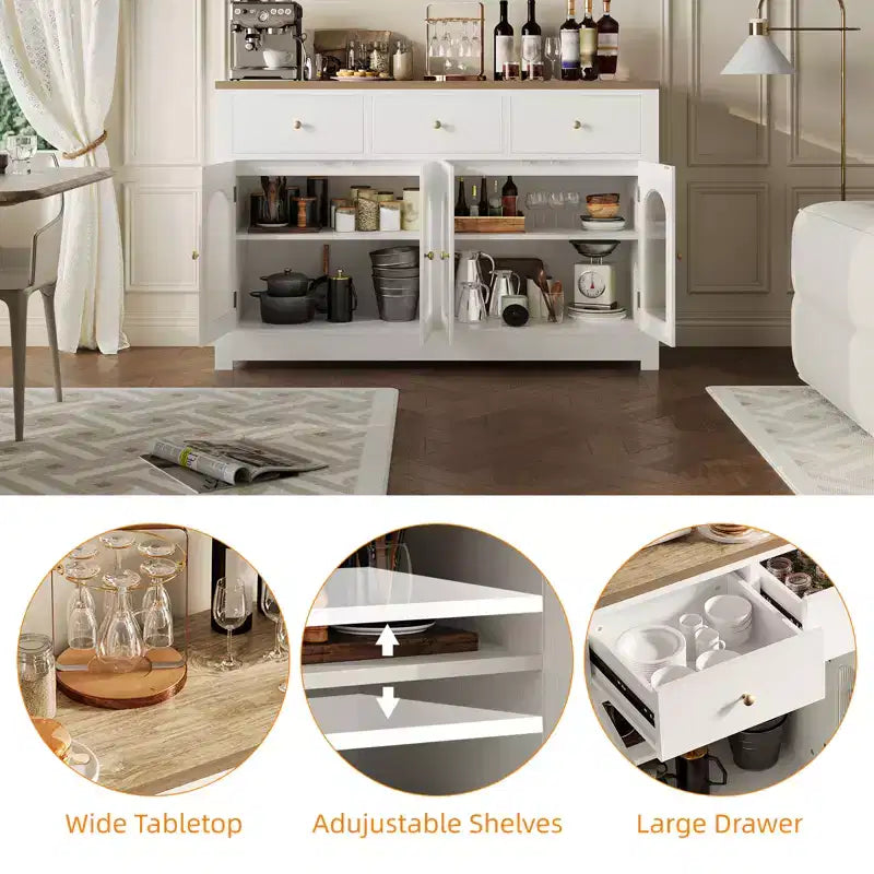 Buffet moderne blanc de 55 pouces avec portes vitrées et rangement, Table d'entrée en bois robuste, Meuble idéal pour l'organisation de la cuisine et station à café