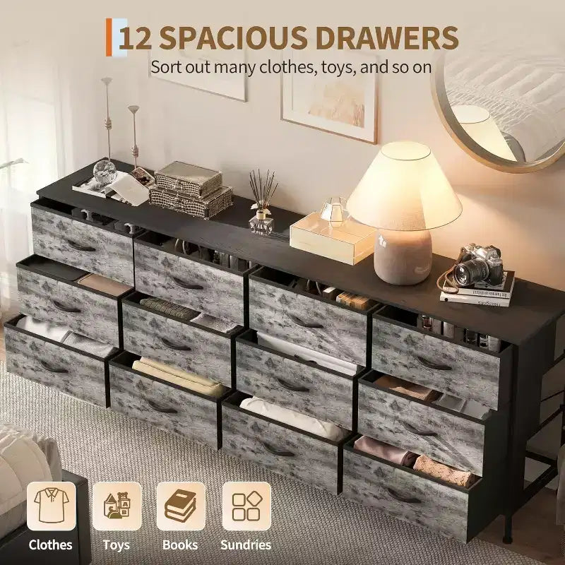 Commode moderne de 178 cm avec 12 tiroirs en tissu pour chambre, salon et entrée