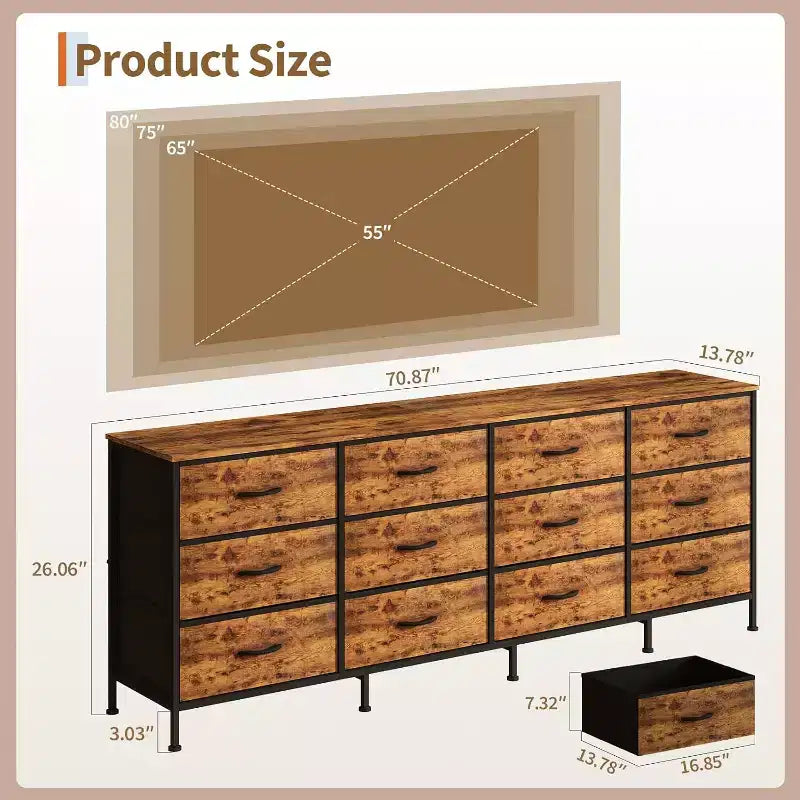 Commode moderne de 178 cm avec 12 tiroirs en tissu pour chambre, salon et entrée