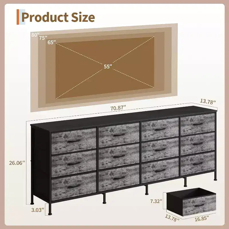Commode moderne de 178 cm avec 12 tiroirs en tissu pour chambre, salon et entrée