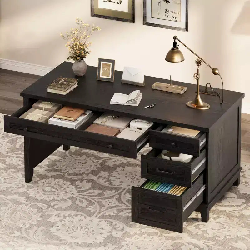 Bureau de ferme avec 4 tiroirs, bureau d'ordinateur rustique avec station de charge, tiroirs de classement et meuble de rangement pour le bureau et la maison