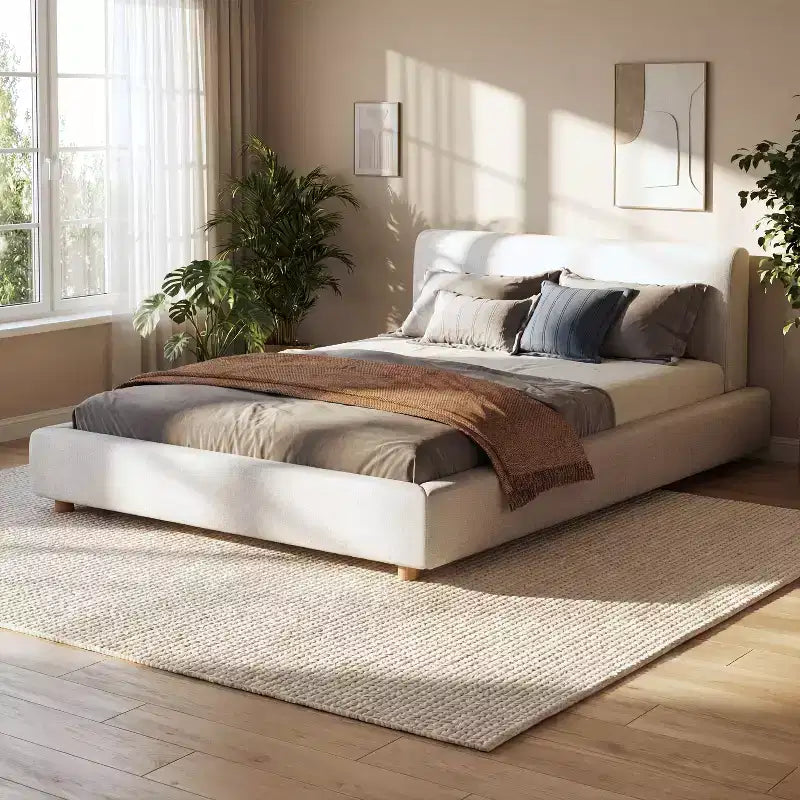 Cadre de lit plateforme rembourré grand lit/très grand lit avec tête de lit capitonnée douce, Blanc - ModernLuxe