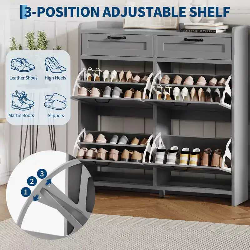Meuble de Rangement pour Chaussures avec 4 Tiroirs Rabattables, Organisateur de Chaussures Caché Autonome avec Étagères Réglables, Meuble à Chaussures en Bois pour Salon, Blanc