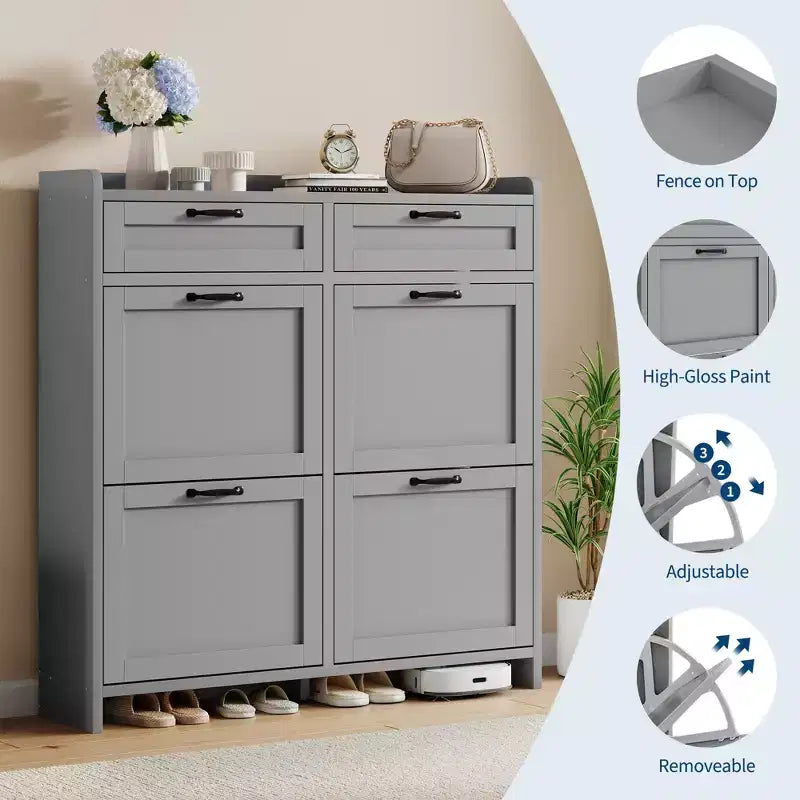 Meuble de Rangement pour Chaussures avec 4 Tiroirs Rabattables, Organisateur de Chaussures Caché Autonome avec Étagères Réglables, Meuble à Chaussures en Bois pour Salon, Blanc