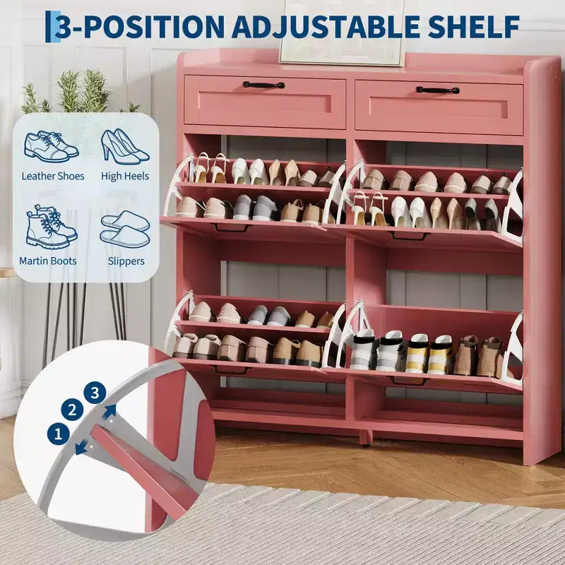 Meuble de Rangement pour Chaussures avec 4 Tiroirs Rabattables, Organisateur de Chaussures Caché Autonome avec Étagères Réglables, Meuble à Chaussures en Bois pour Salon, Blanc