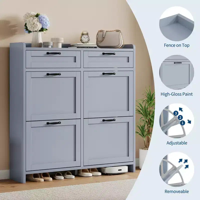 Meuble de Rangement pour Chaussures avec 4 Tiroirs Rabattables, Organisateur de Chaussures Caché Autonome avec Étagères Réglables, Meuble à Chaussures en Bois pour Salon, Blanc