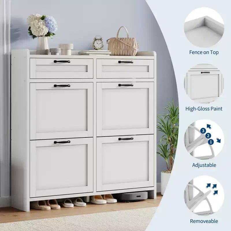 Meuble de Rangement pour Chaussures avec 4 Tiroirs Rabattables, Organisateur de Chaussures Caché Autonome avec Étagères Réglables, Meuble à Chaussures en Bois pour Salon, Blanc