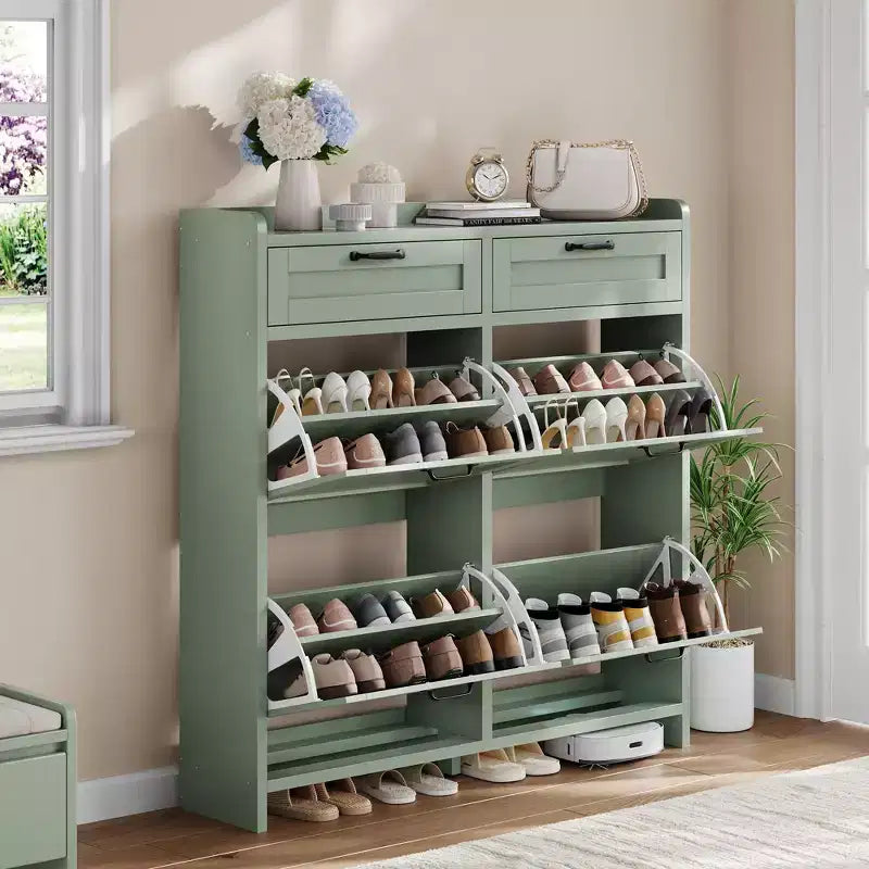 Meuble de Rangement pour Chaussures avec 4 Tiroirs Rabattables, Organisateur de Chaussures Caché Autonome avec Étagères Réglables, Meuble à Chaussures en Bois pour Salon, Blanc