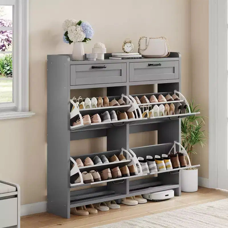 Meuble de Rangement pour Chaussures avec 4 Tiroirs Rabattables, Organisateur de Chaussures Caché Autonome avec Étagères Réglables, Meuble à Chaussures en Bois pour Salon, Blanc