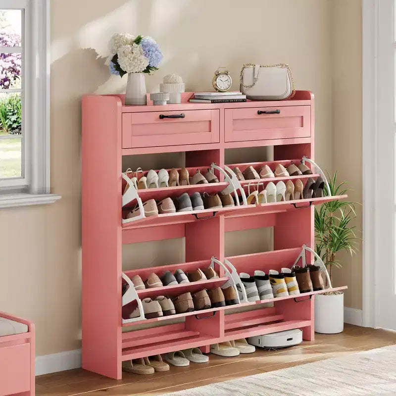 Meuble de Rangement pour Chaussures avec 4 Tiroirs Rabattables, Organisateur de Chaussures Caché Autonome avec Étagères Réglables, Meuble à Chaussures en Bois pour Salon, Blanc