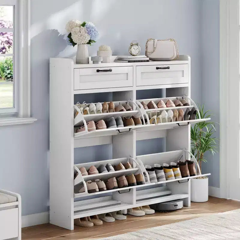 Meuble de Rangement pour Chaussures avec 4 Tiroirs Rabattables, Organisateur de Chaussures Caché Autonome avec Étagères Réglables, Meuble à Chaussures en Bois pour Salon, Blanc