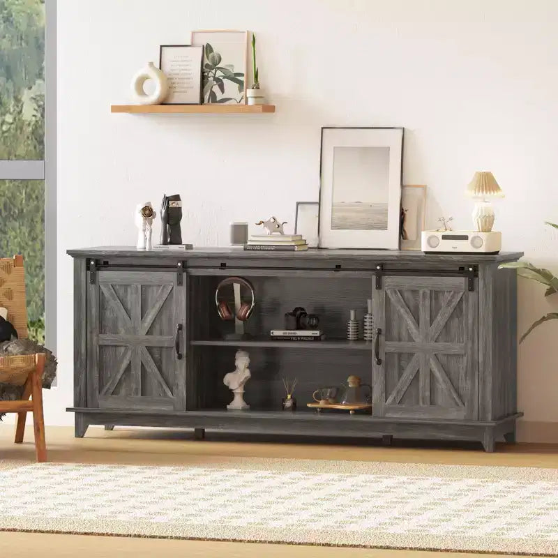 Meuble TV de ferme moderne, Centre de divertissement - Portes de grange coulissantes - Armoires de rangement et Table console multimédia pour salon