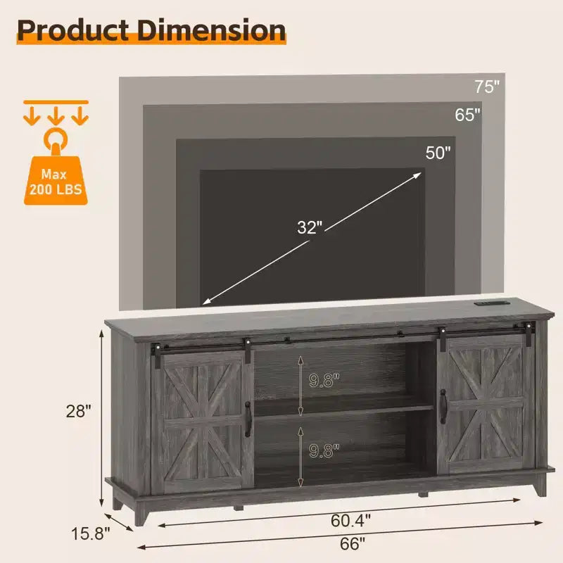 Meuble TV de ferme moderne, Centre de divertissement - Portes de grange coulissantes - Armoires de rangement et Table console multimédia pour salon
