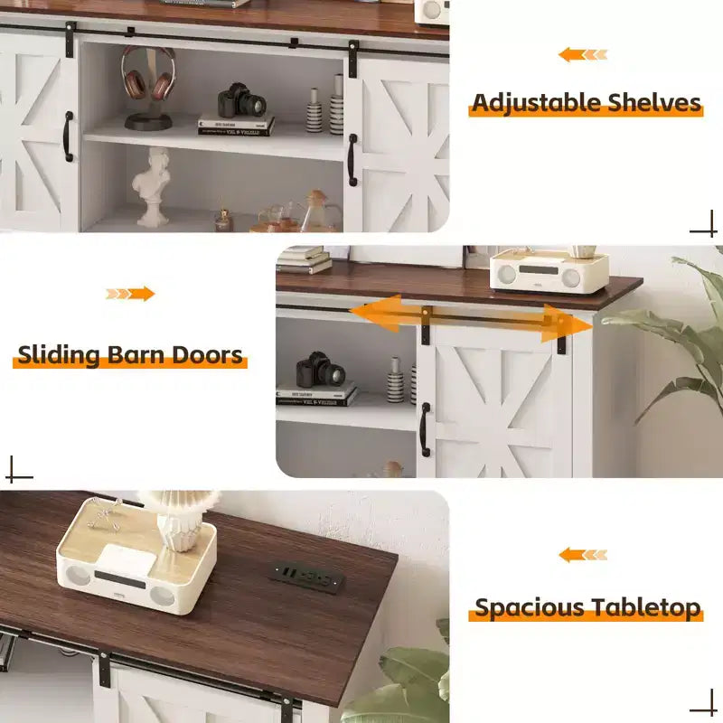 Meuble TV de ferme moderne, Centre de divertissement - Portes de grange coulissantes - Armoires de rangement et Table console multimédia pour salon