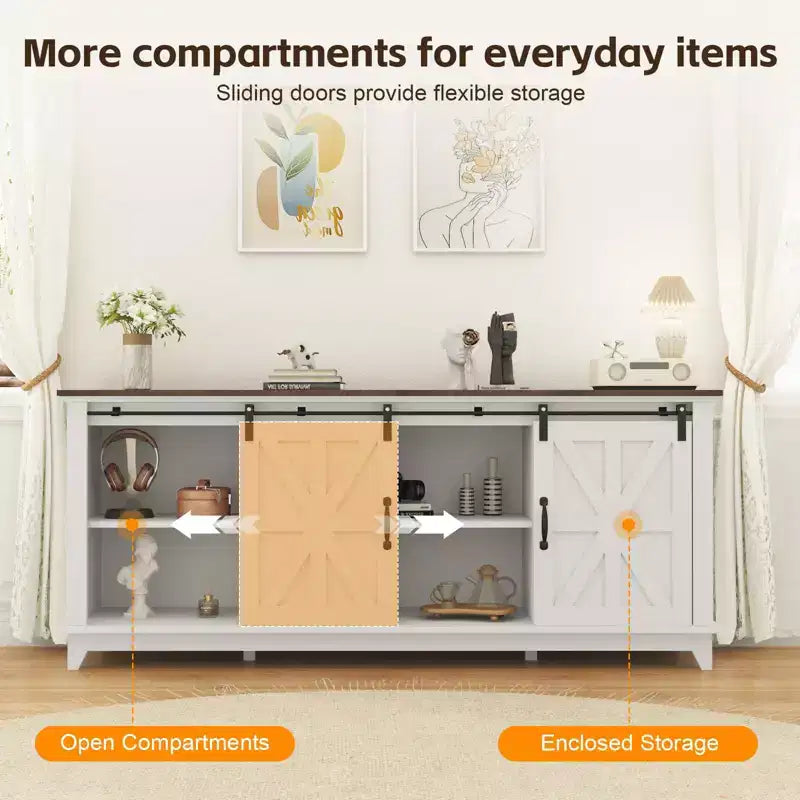 Meuble TV de ferme moderne, Centre de divertissement - Portes de grange coulissantes - Armoires de rangement et Table console multimédia pour salon