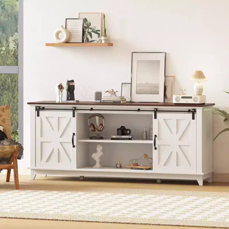 Meuble TV de ferme moderne, Centre de divertissement - Portes de grange coulissantes - Armoires de rangement et Table console multimédia pour salon