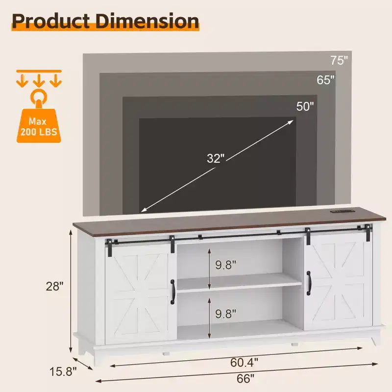 Meuble TV de ferme moderne, Centre de divertissement - Portes de grange coulissantes - Armoires de rangement et Table console multimédia pour salon