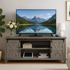 Meuble TV de ferme moderne, Centre de divertissement - Portes de grange coulissantes - Armoires de rangement et Table console multimédia pour salon