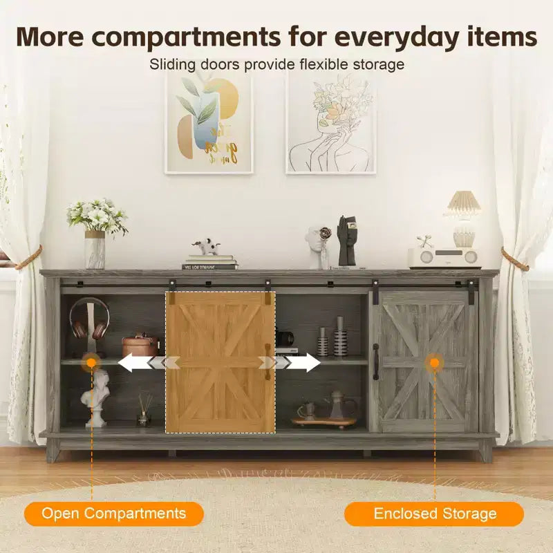 Meuble TV de ferme moderne, Centre de divertissement - Portes de grange coulissantes - Armoires de rangement et Table console multimédia pour salon