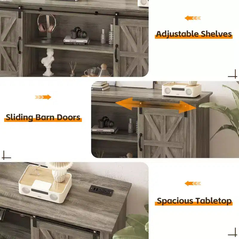 Meuble TV de ferme moderne, Centre de divertissement - Portes de grange coulissantes - Armoires de rangement et Table console multimédia pour salon