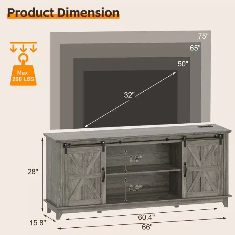 Meuble TV de ferme moderne, Centre de divertissement - Portes de grange coulissantes - Armoires de rangement et Table console multimédia pour salon