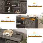 Meuble TV de ferme moderne, Centre de divertissement - Portes de grange coulissantes - Armoires de rangement et Table console multimédia pour salon
