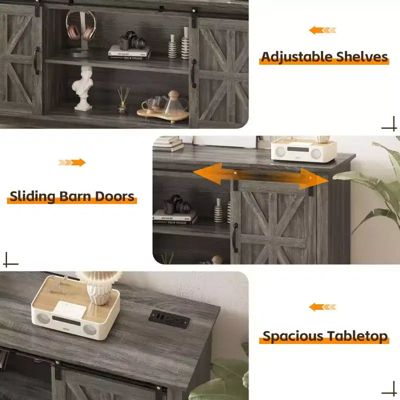 Meuble TV de ferme moderne, Centre de divertissement - Portes de grange coulissantes - Armoires de rangement et Table console multimédia pour salon