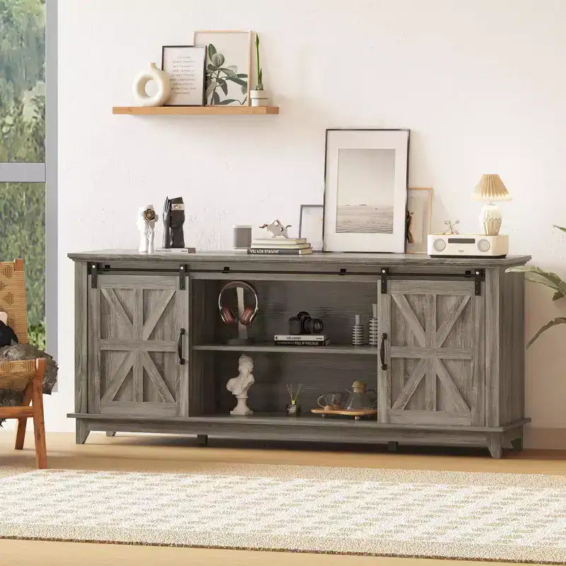 Modern Farmhouse TV Stand, Entertainment Center - Sliding Barn Doors - Storage Cabinets & Media Console Table for Living Room