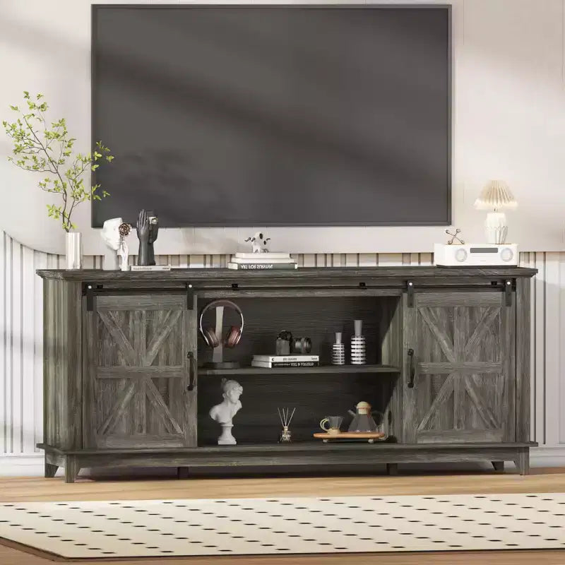 Meuble TV de ferme moderne, Centre de divertissement - Portes de grange coulissantes - Armoires de rangement et Table console multimédia pour salon