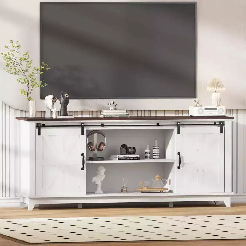 Meuble TV de ferme moderne, Centre de divertissement - Portes de grange coulissantes - Armoires de rangement et Table console multimédia pour salon