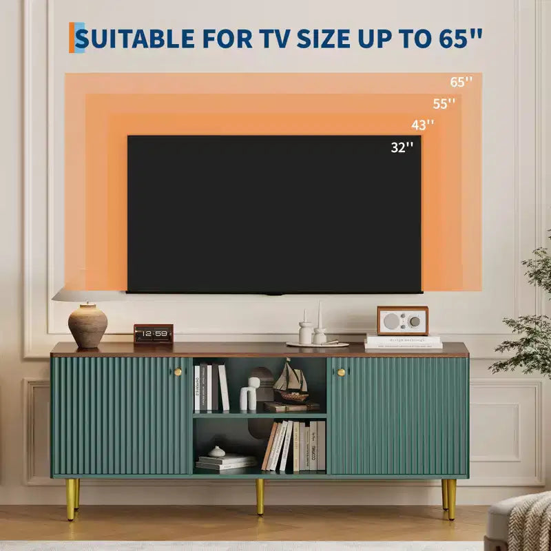 Meuble TV, console média cannelée en bois, meuble de divertissement du milieu du siècle avec étagère réglable et rangement pour chambre à coucher et salon
