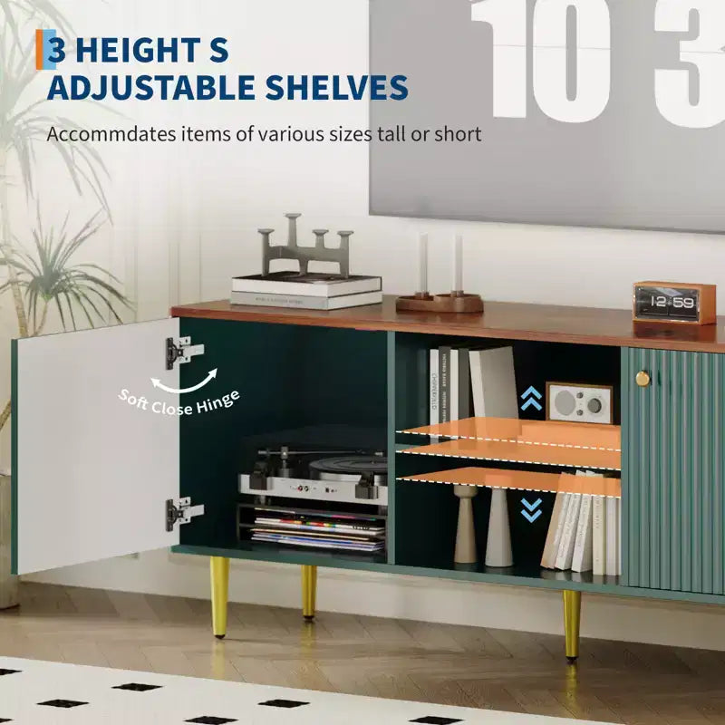 Meuble TV, console média cannelée en bois, meuble de divertissement du milieu du siècle avec étagère réglable et rangement pour chambre à coucher et salon