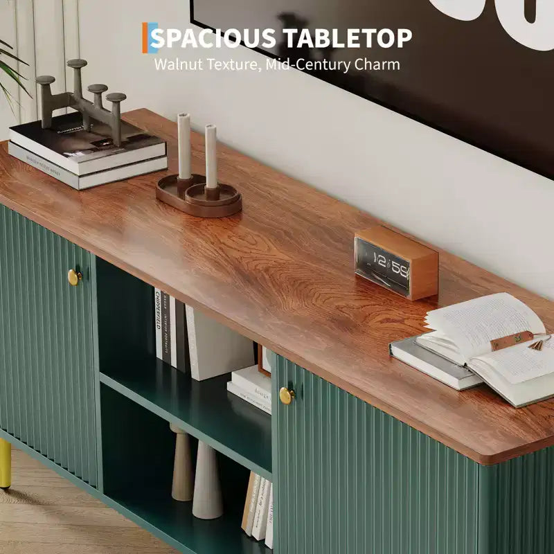 Meuble TV, console média cannelée en bois, meuble de divertissement du milieu du siècle avec étagère réglable et rangement pour chambre à coucher et salon