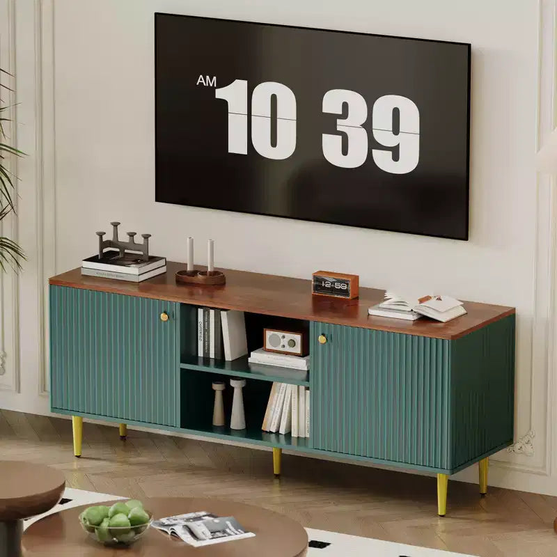 Meuble TV, console média cannelée en bois, meuble de divertissement du milieu du siècle avec étagère réglable et rangement pour chambre à coucher et salon