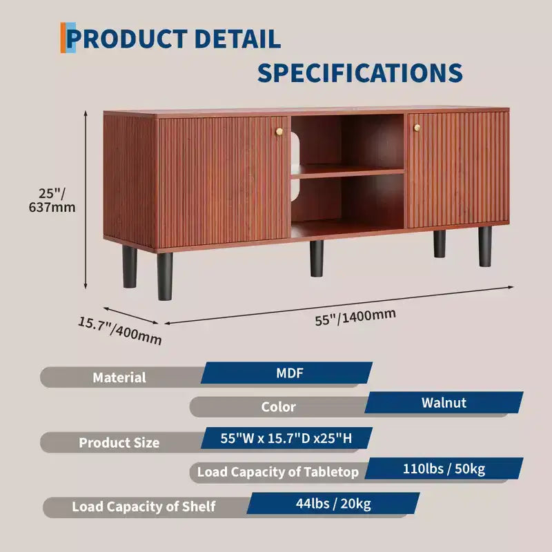 Meuble TV, console média cannelée en bois, meuble de divertissement du milieu du siècle avec étagère réglable et rangement pour chambre à coucher et salon