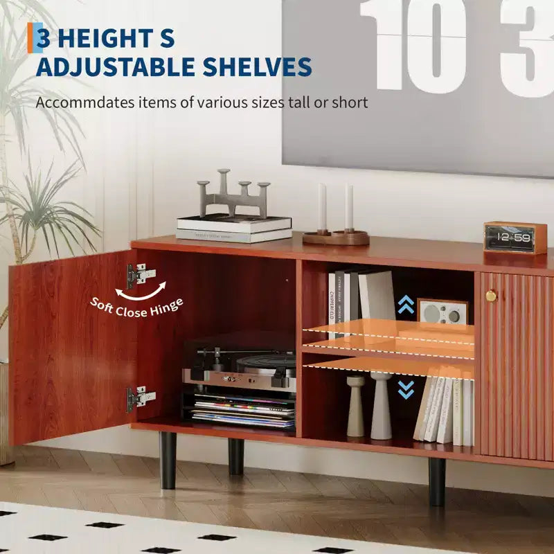 Meuble TV, console média cannelée en bois, meuble de divertissement du milieu du siècle avec étagère réglable et rangement pour chambre à coucher et salon