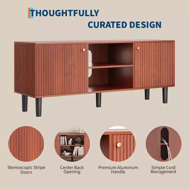 Meuble TV, console média cannelée en bois, meuble de divertissement du milieu du siècle avec étagère réglable et rangement pour chambre à coucher et salon