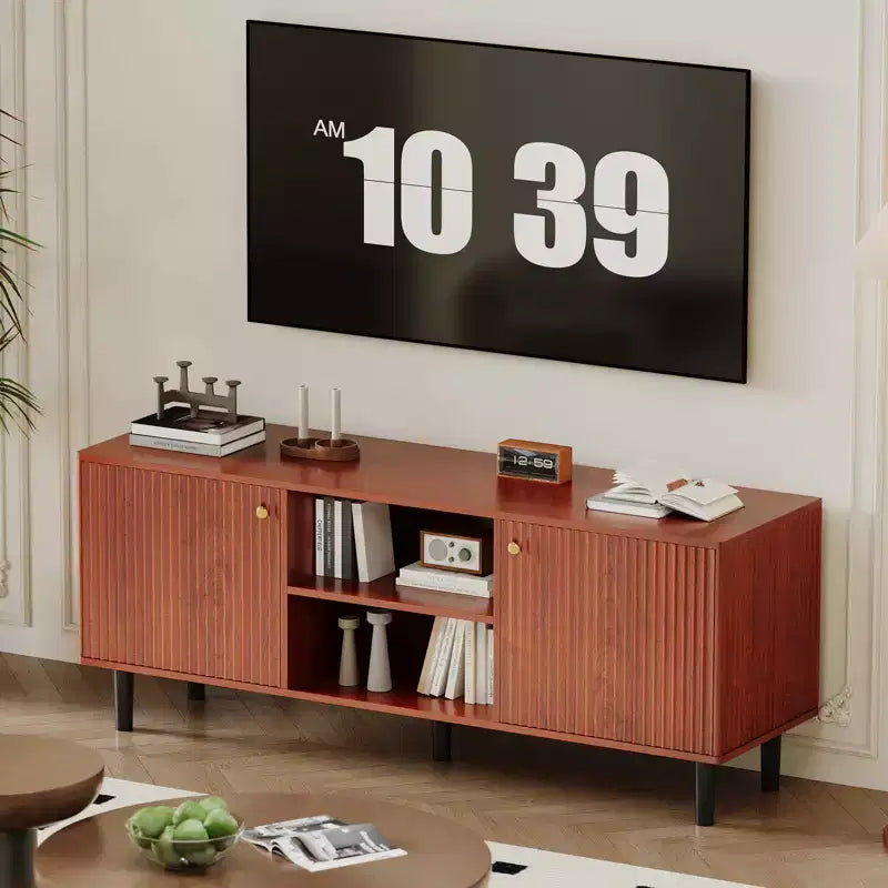 Meuble TV, console média cannelée en bois, meuble de divertissement du milieu du siècle avec étagère réglable et rangement pour chambre à coucher et salon