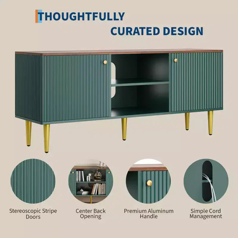 Meuble TV, console média cannelée en bois, meuble de divertissement du milieu du siècle avec étagère réglable et rangement pour chambre à coucher et salon