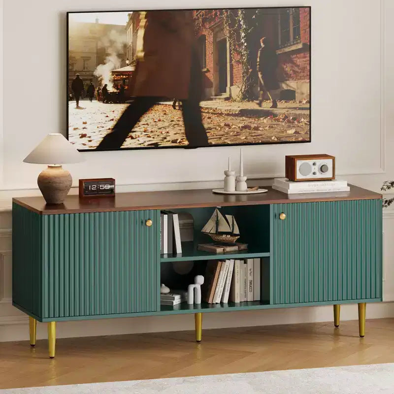 Meuble TV, console média cannelée en bois, meuble de divertissement du milieu du siècle avec étagère réglable et rangement pour chambre à coucher et salon