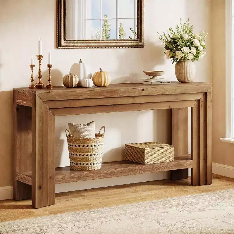 Table console en bois massif Lantine de 63 pouces, table d'entrée à 2 niveaux avec étagère de rangement, table de style ferme à placer derrière un canapé pour salon, couloir