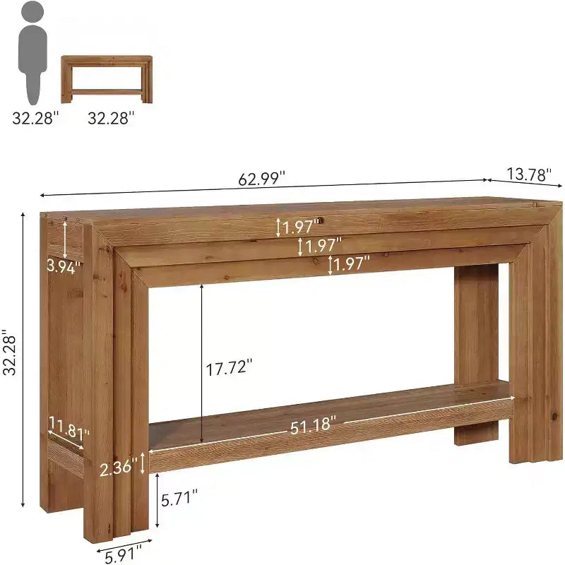 Table console en bois massif Lantine de 63 pouces, table d'entrée à 2 niveaux avec étagère de rangement, table de style ferme à placer derrière un canapé pour salon, couloir