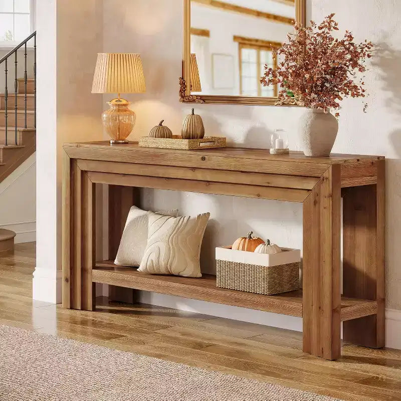 Table console en bois massif Lantine de 63 pouces, table d'entrée à 2 niveaux avec étagère de rangement, table de style ferme à placer derrière un canapé pour salon, couloir