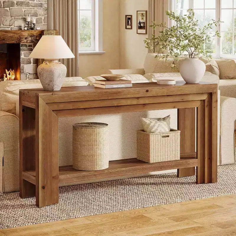 Table console en bois massif Lantine de 63 pouces, table d'entrée à 2 niveaux avec étagère de rangement, table de style ferme à placer derrière un canapé pour salon, couloir