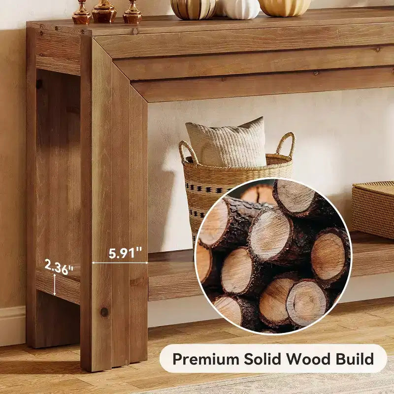 Table console en bois massif Lantine de 63 pouces, table d'entrée à 2 niveaux avec étagère de rangement, table de style ferme à placer derrière un canapé pour salon, couloir
