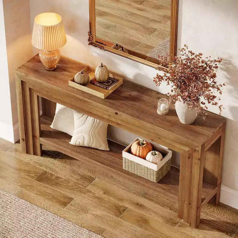 Table console en bois massif Lantine de 63 pouces, table d'entrée à 2 niveaux avec étagère de rangement, table de style ferme à placer derrière un canapé pour salon, couloir