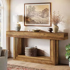 Console Lantine 63, Table d'entrée à 2 niveaux avec base en U, Table de style ferme à placer derrière le canapé pour salon ou couloir