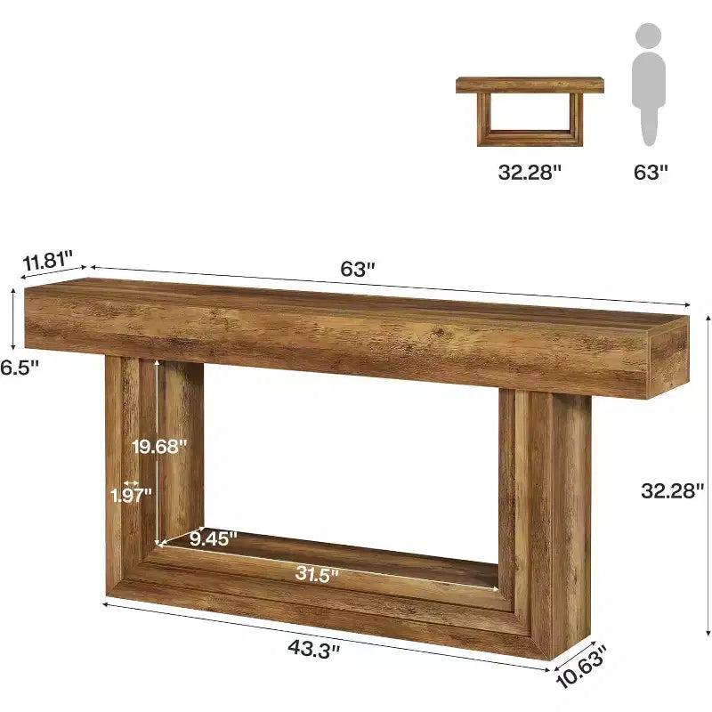 Console Lantine 63, Table d'entrée à 2 niveaux avec base en U, Table de style ferme à placer derrière le canapé pour salon ou couloir